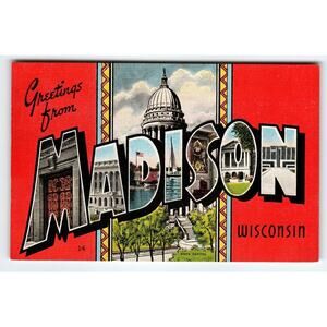 Greetings From Madison Wisconsin Large Big Letter Postcard EC Kropp Vintage